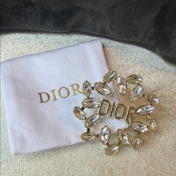 Crystal Dior Logo Gold Tone Brooch 2”